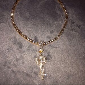 Unisex HipHop LetterT Cross Sword Necklace Rhombus Cuban Pendant Jewelry Diamond